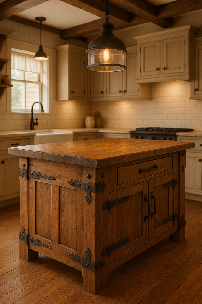 Rustic farmhouse kitchen island made of warm natural wood, featuring decorative black wrought iron handles, hinges, and corner brackets, set in a cozy kitchen with vintage-style beige cabinetry, wooden flooring, and warm ambient lighting.