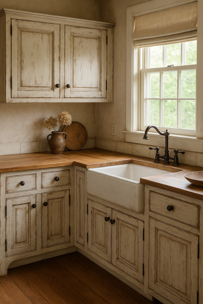 A cozy farmhouse kitchen with distressed white paint finish cabinets, wooden countertops, and vintage bronze hardware. Natural light streams through a window above a farmhouse sink, highlighting the rustic, timeworn texture of the cabinetry. A clay jug with dried flowers and a wooden cutting board add warmth and charm to the scene.
