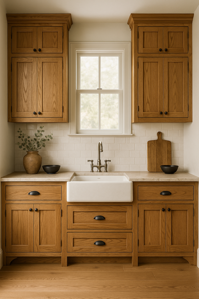 A farmhouse kitchen with natural wood grain cabinets in warm oak, showcasing visible wood patterns. The space features black hardware, a white farmhouse sink, beige stone countertops, and a subway tile backsplash. Natural light streams through a window, with simple rustic accents including a vase of greenery and a wooden cutting board.