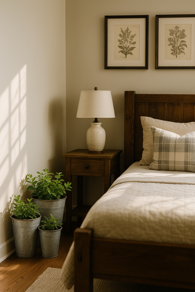 A cozy farmhouse bedroom corner with warm natural sunlight, featuring three decorative galvanized metal buckets in soft grey with a weathered texture, used as planters with fresh green plants. The scene includes a rustic wooden bed frame with neutral bedding and a plaid accent pillow, a wooden nightstand with a ceramic lamp, and vintage botanical wall art above, creating a warm and uncluttered atmosphere.