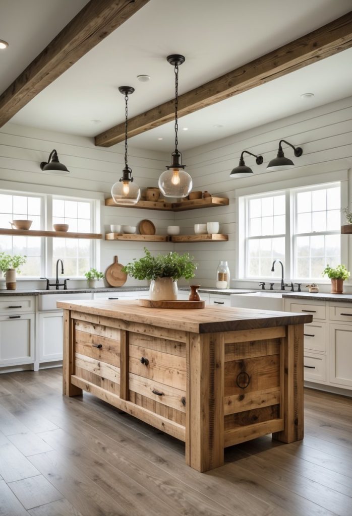 A spacious kitchen with a large wooden island in the center, surrounded by cabinets and windows letting in natural light.