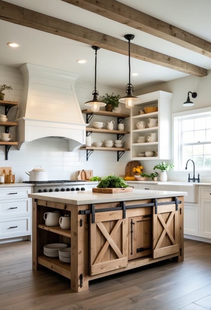 A farmhouse kitchen with a large wooden island featuring sliding barn doors for storage, surrounded by white cabinets and warm natural light.