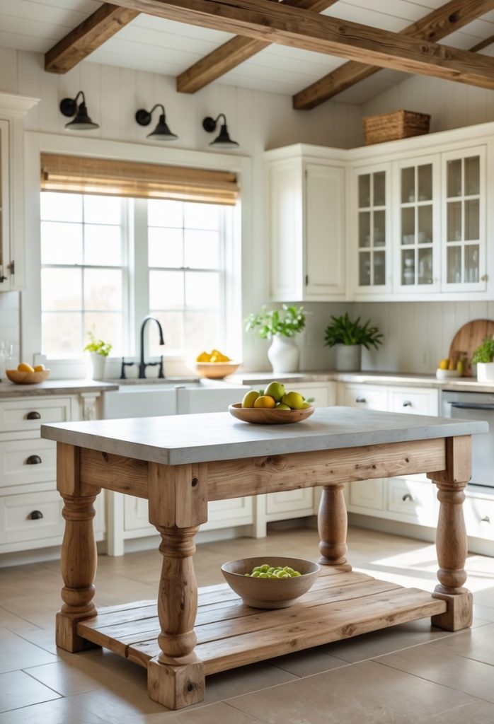 A kitchen island with wooden legs and a stone countertop in a bright kitchen setting.