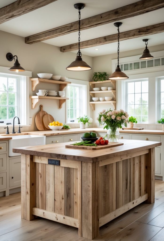 A rustic farmhouse kitchen with a large wooden island featuring a built-in power outlet and various kitchen items on top.