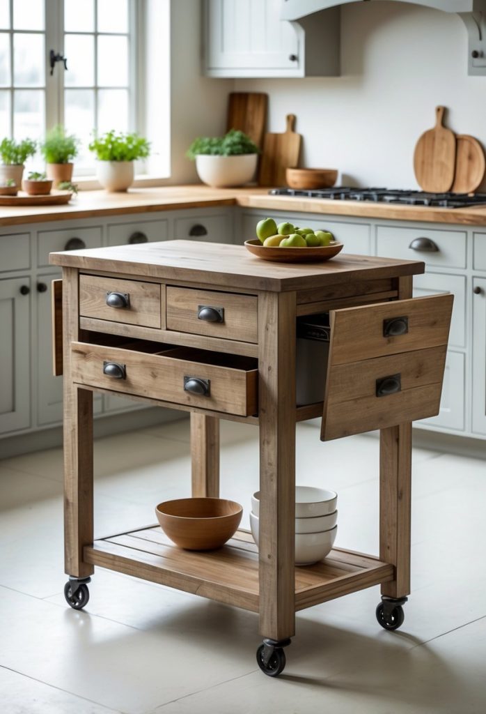 Rolling kitchen cart island with drawers and a raised drop leaf extension in a bright kitchen setting.