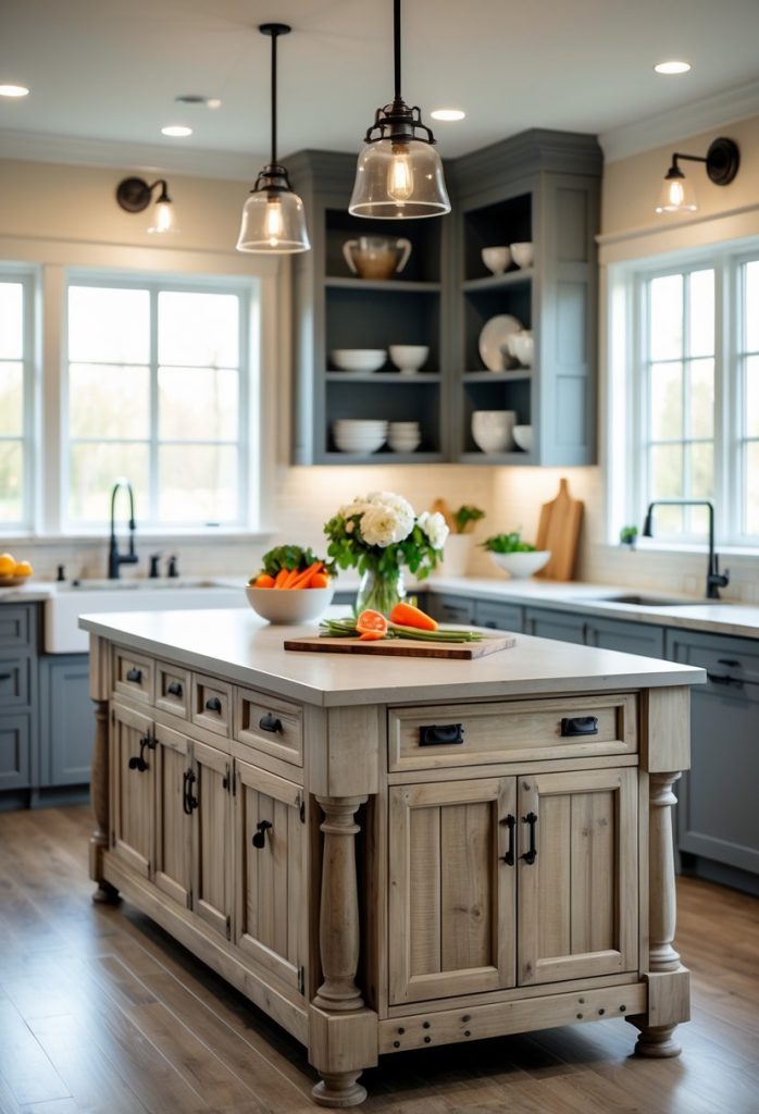 A kitchen with a large wooden island featuring built-in cabinets, surrounded by kitchen appliances and natural light.