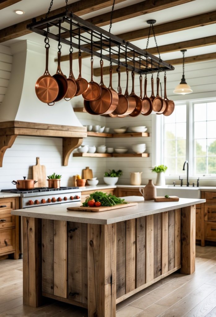 A farmhouse kitchen with a large wooden island and hanging pot racks overhead holding pots and pans.