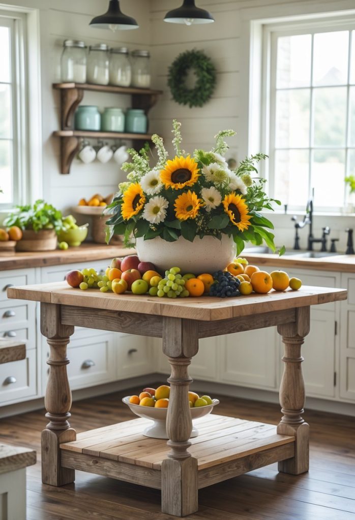 Rustic farmhouse kitchen island with a bowl of fresh fruit or a fresh flower arrangement as the centerpiece.