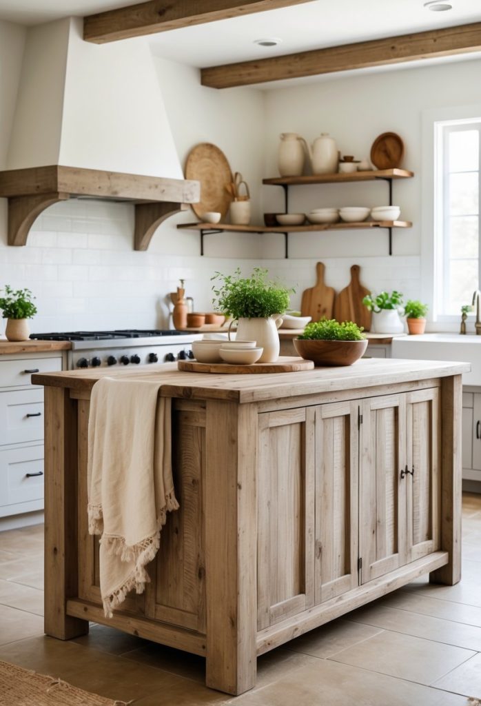 A kitchen with a large distressed wood island and simple linens draped over it, surrounded by rustic kitchen decor and natural light.