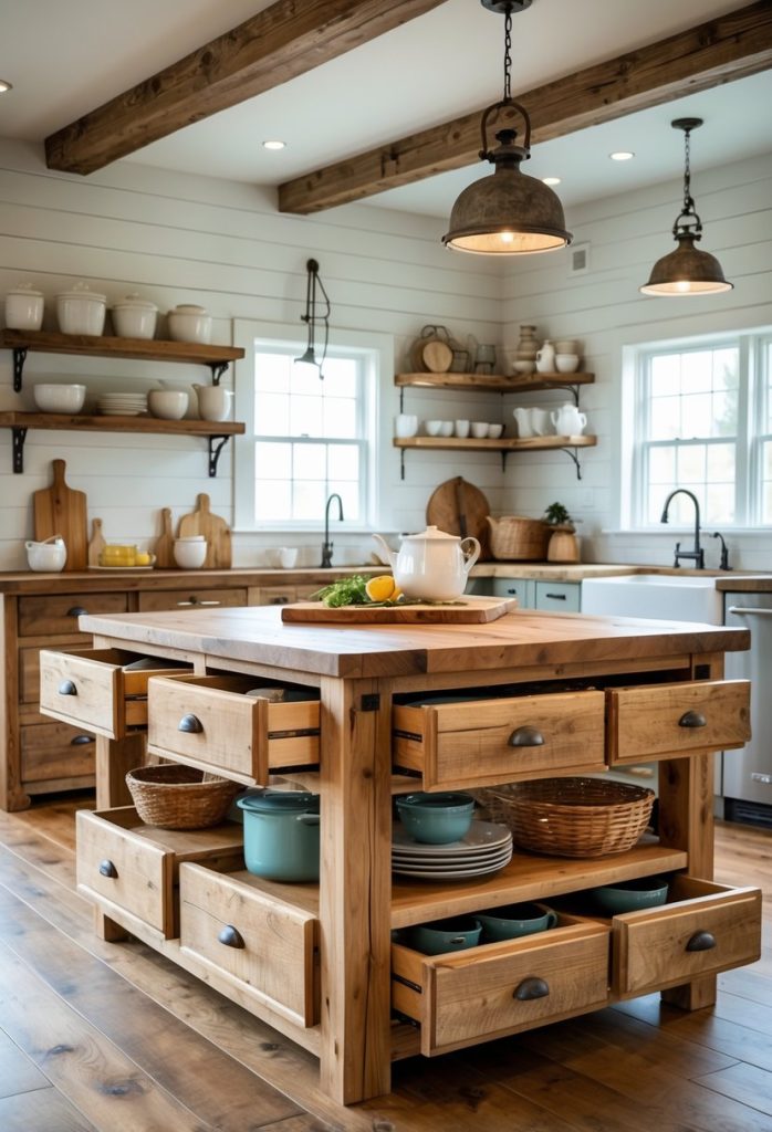 A rustic farmhouse kitchen with a wooden island featuring open pullout storage compartments filled with kitchen items.
