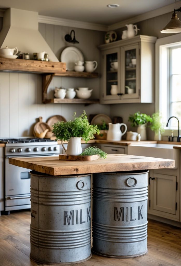 A kitchen island made from antique milk cans with a wooden countertop in a cozy kitchen setting.