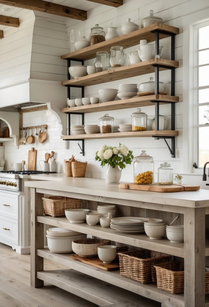A kitchen with a large wooden island featuring open shelves filled with kitchen items, surrounded by white walls and cabinets.