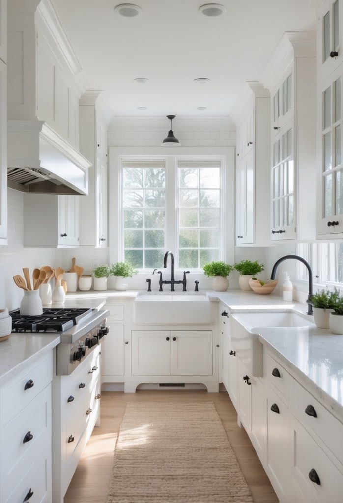 Bright kitchen with eleven white cabinets, a large island, and natural light coming through windows.