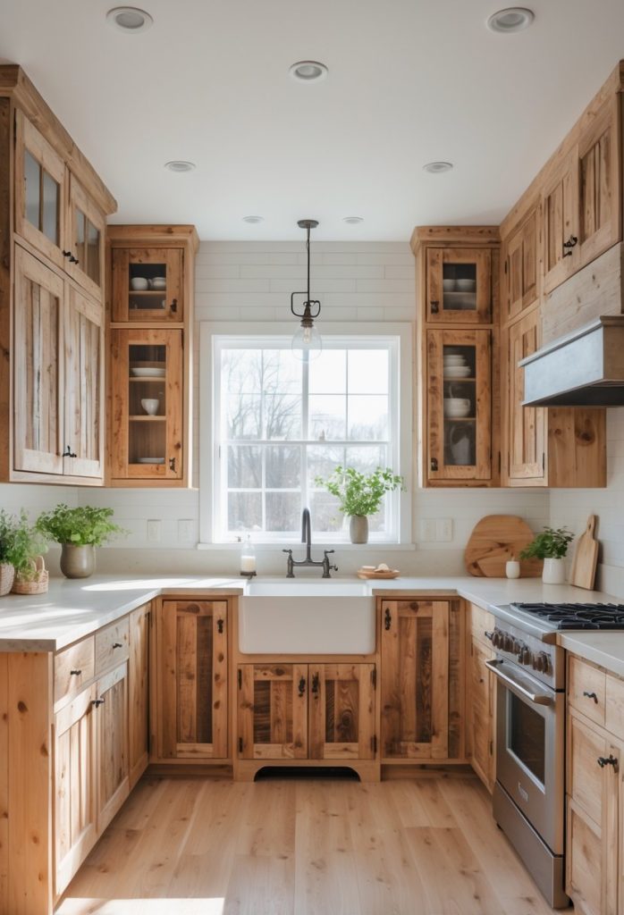 A bright kitchen with eleven wooden cabinets, stone countertops, and natural light coming through large windows.