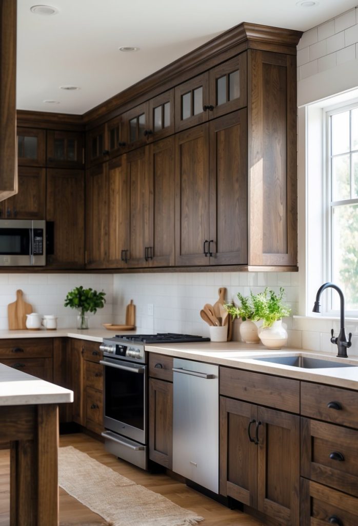 A kitchen with dark wood cabinets, a light countertop, and a stainless steel sink under natural light.