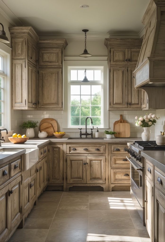 A kitchen with eleven wooden cabinets, a stone countertop, a sink, and kitchen accessories in natural light.