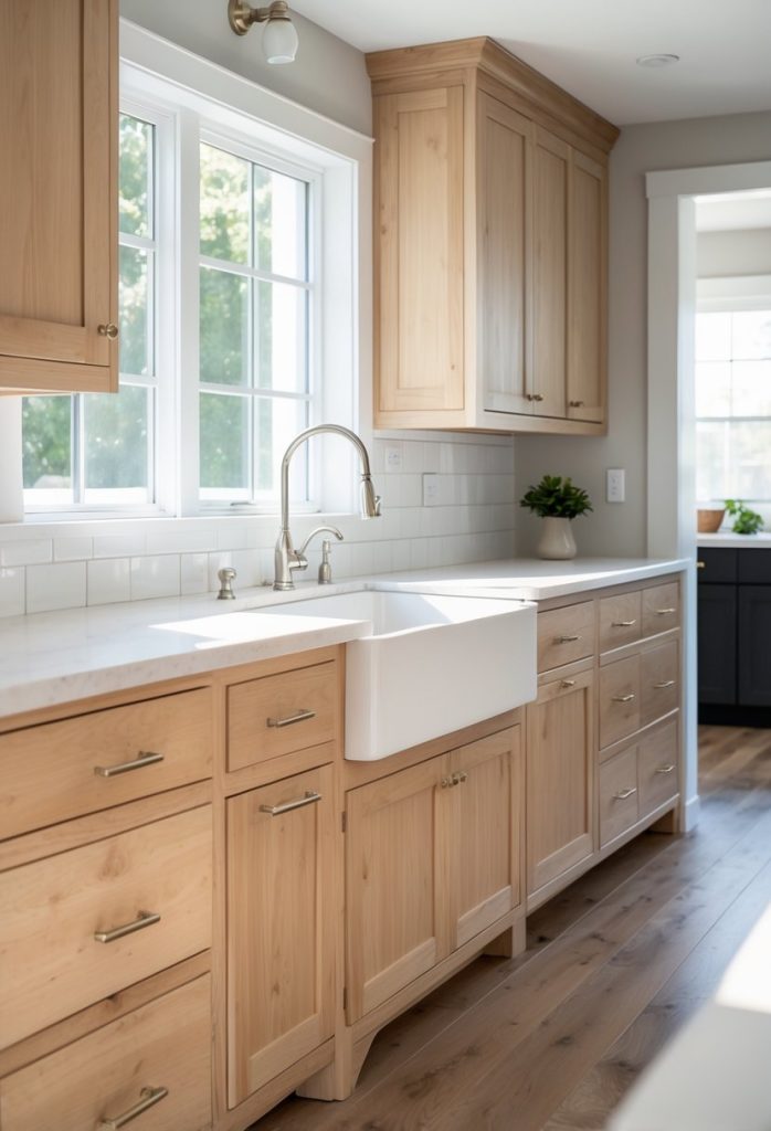 A kitchen with eleven apron-front sink base cabinets made of light wood and white countertops under natural light.