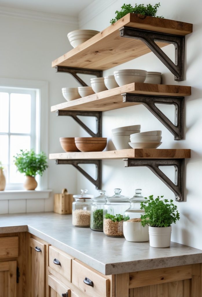 Open shelving with rustic brackets holding kitchenware above wooden kitchen cabinets in a bright kitchen.