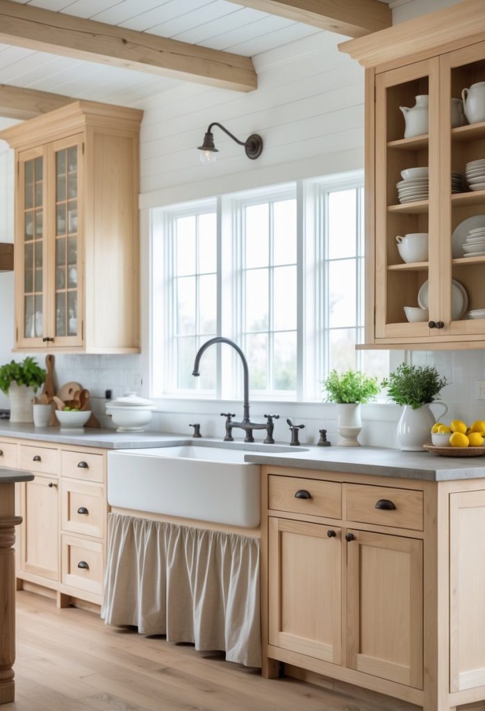 A bright kitchen with wooden lower cabinets featuring decorative skirted aprons, a farmhouse sink, and stone countertops.