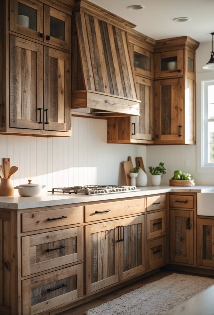 A kitchen with eleven wooden cabinets featuring a rustic texture and natural wood grain, illuminated by soft natural light.