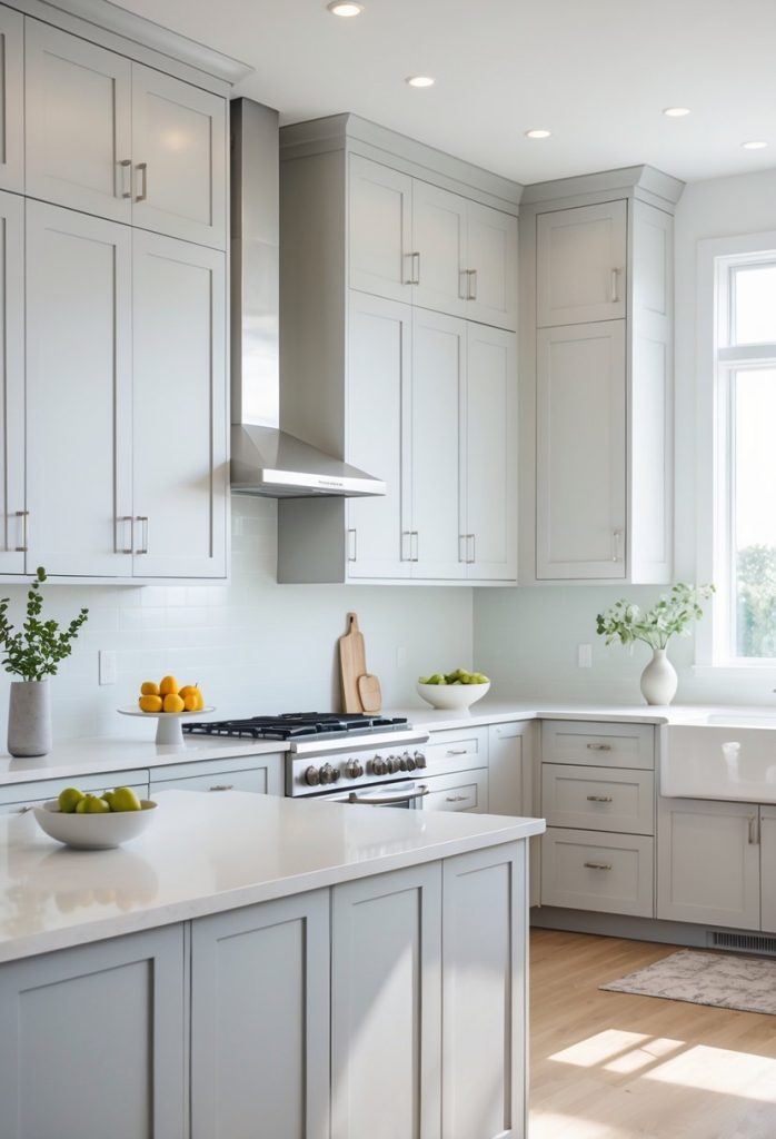 A bright kitchen with eleven flat-panel cabinets, a large island, stainless steel appliances, and light hardwood flooring.