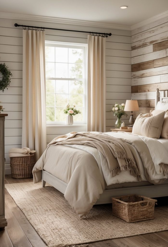 A cozy bedroom with a wooden accent wall, bed with pillows and blanket, wooden furniture, and natural light coming through a window.
