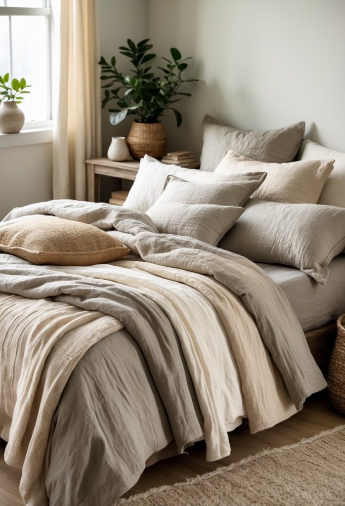 A cozy bedroom with a neatly made bed layered with neutral-toned linen bedding and soft natural light coming through a window.