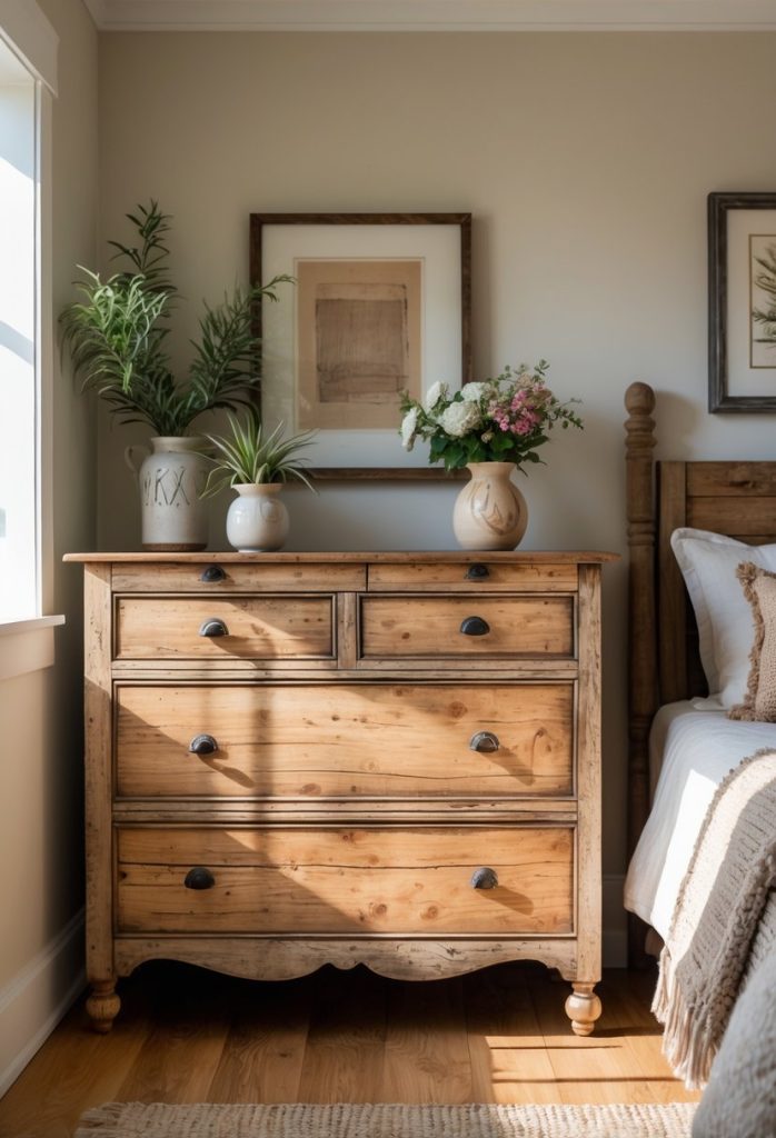 A cozy bedroom with a vintage wooden dresser, a made bed, and decorative plants and flowers.