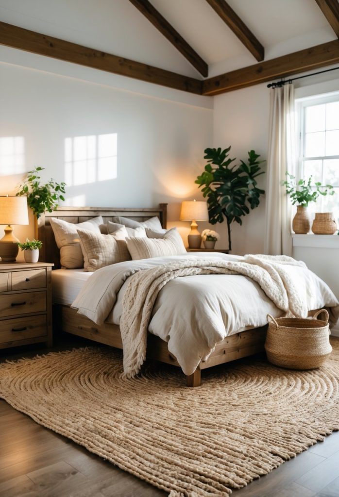 A bedroom with a bed, wooden furniture, plants, and a woven jute rug on the floor.