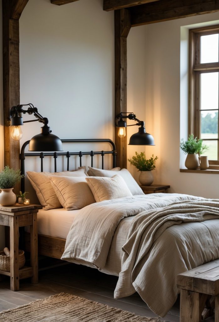 A cozy bedroom with black metal bedside lamps on wooden nightstands next to a neatly made bed.