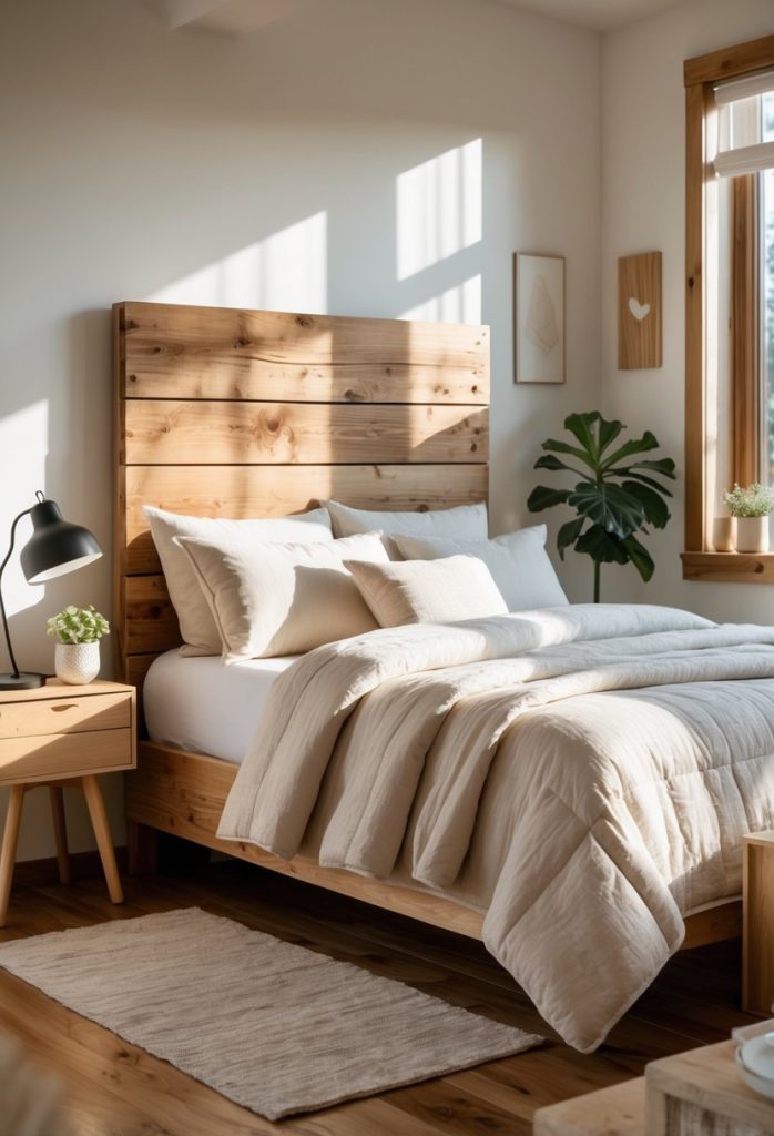 A cozy bedroom with a wooden headboard, neatly made bed, and warm natural lighting.
