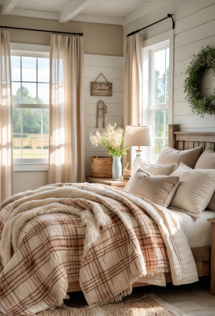 A cozy bedroom with a bed covered in soft plaid throw blankets and pillows, rustic wooden furniture, and sunlight coming through the windows.