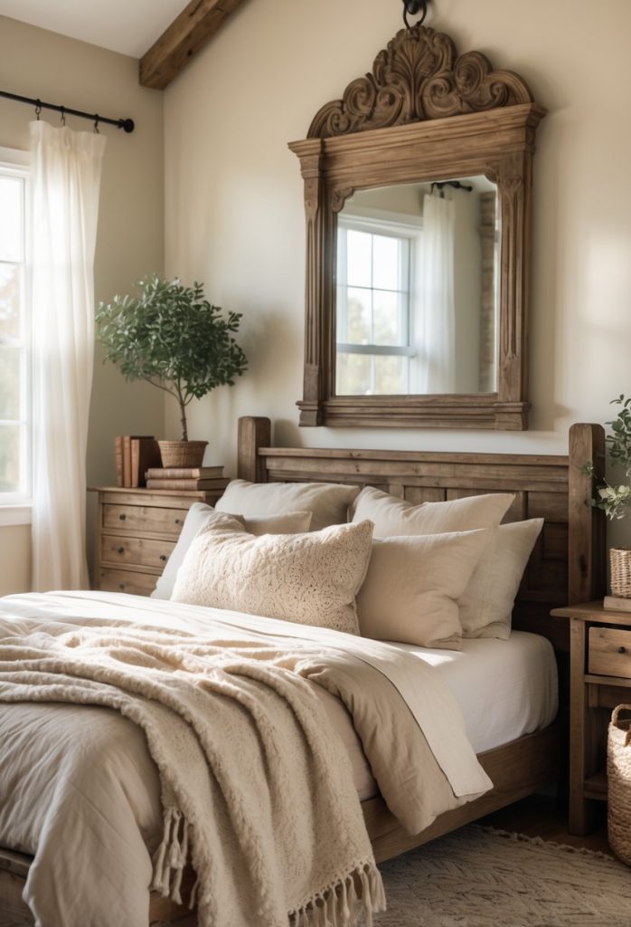 A cozy bedroom with a wooden dresser and an antique mirror with a carved frame hanging above it.