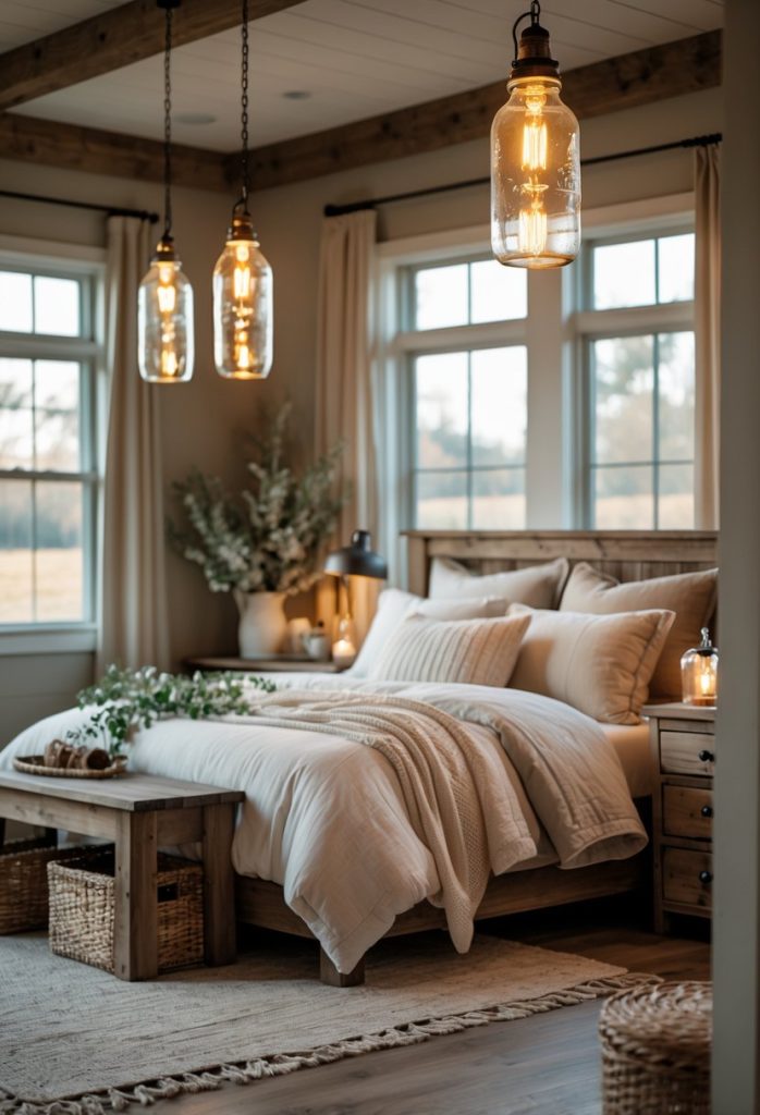 A cozy bedroom with mason jar pendant lights hanging above a bed, rustic wooden furniture, and natural decor.