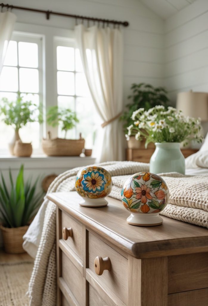 A cozy bedroom with a rustic wooden dresser featuring colorful hand-painted ceramic drawer knobs, soft bedding, plants, and natural light.