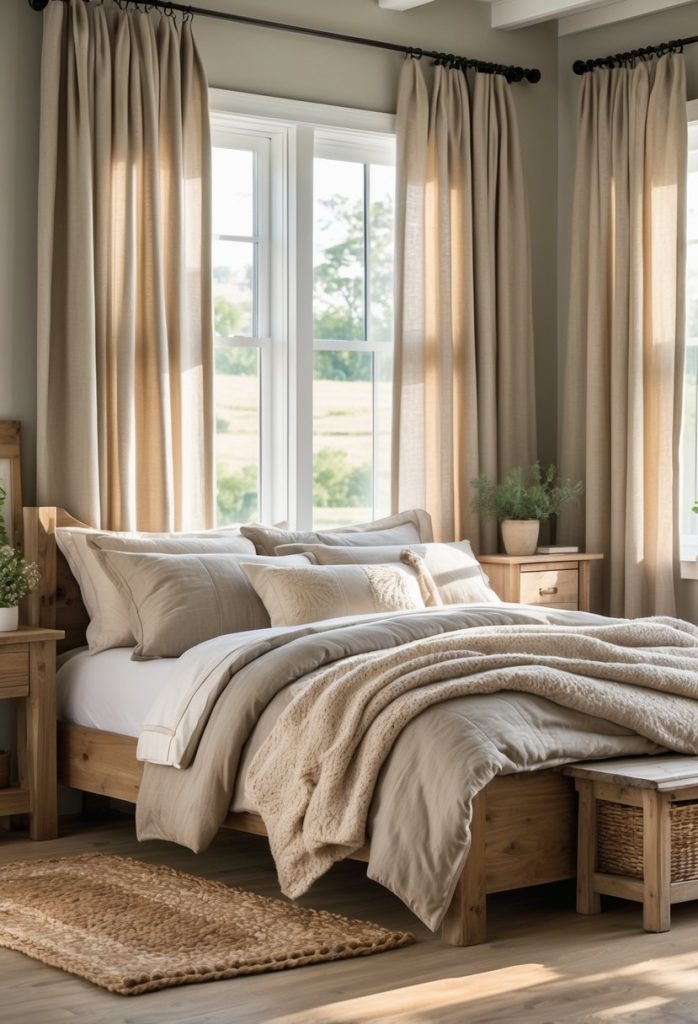 A cozy bedroom with soft woolen curtains in muted colors, a wooden bed with layered bedding, and warm natural light coming through the window.