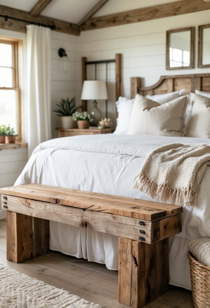 A reclaimed barn wood bench at the foot of a bed in a cozy bedroom with warm lighting and simple decor.