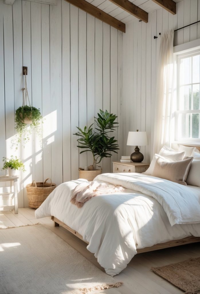 A bright bedroom with whitewashed walls, a large bed with white linens, wooden furniture, and sunlight coming through a window.