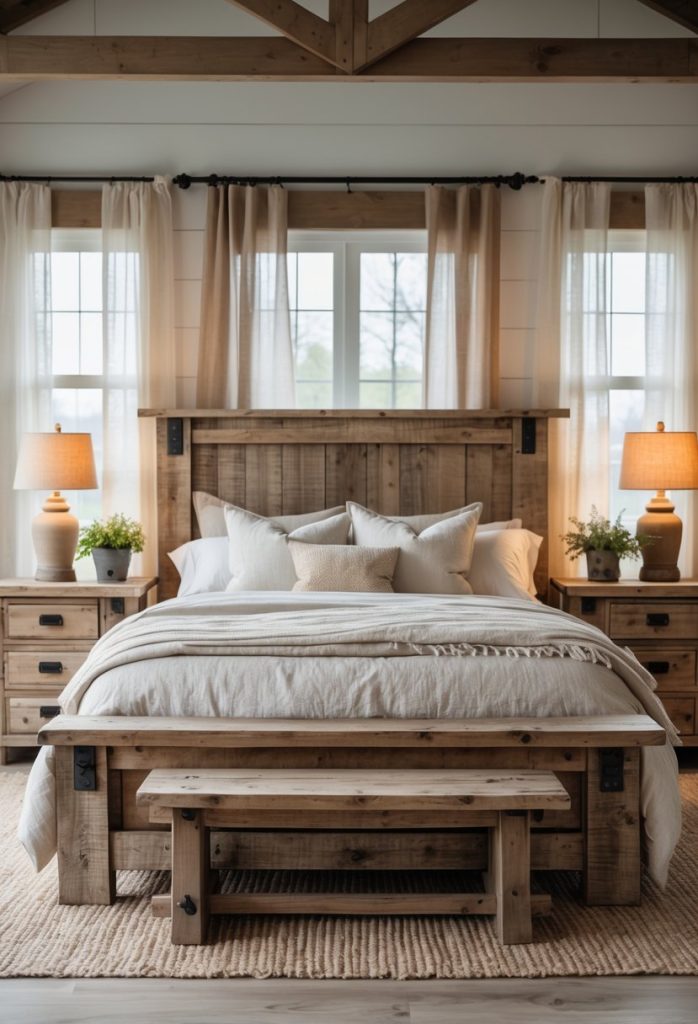 A bedroom with a wooden bed and matching furniture made from weathered wood, soft bedding, and natural light coming through a window.