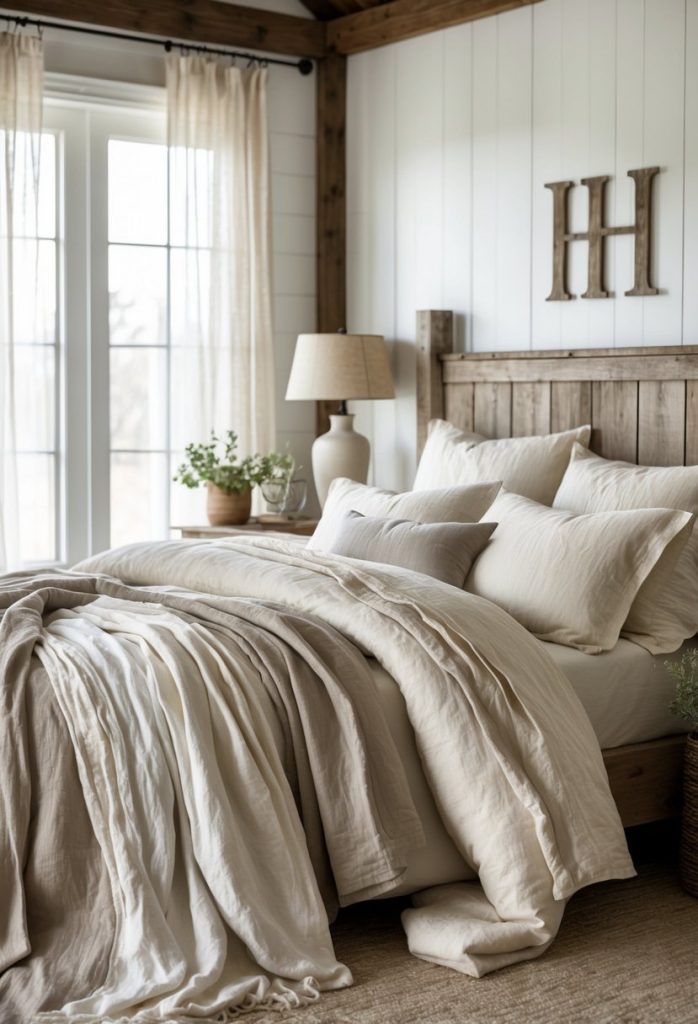 A cozy bedroom with a bed layered with soft linen bedding and rustic wooden furniture, softly lit by natural light.