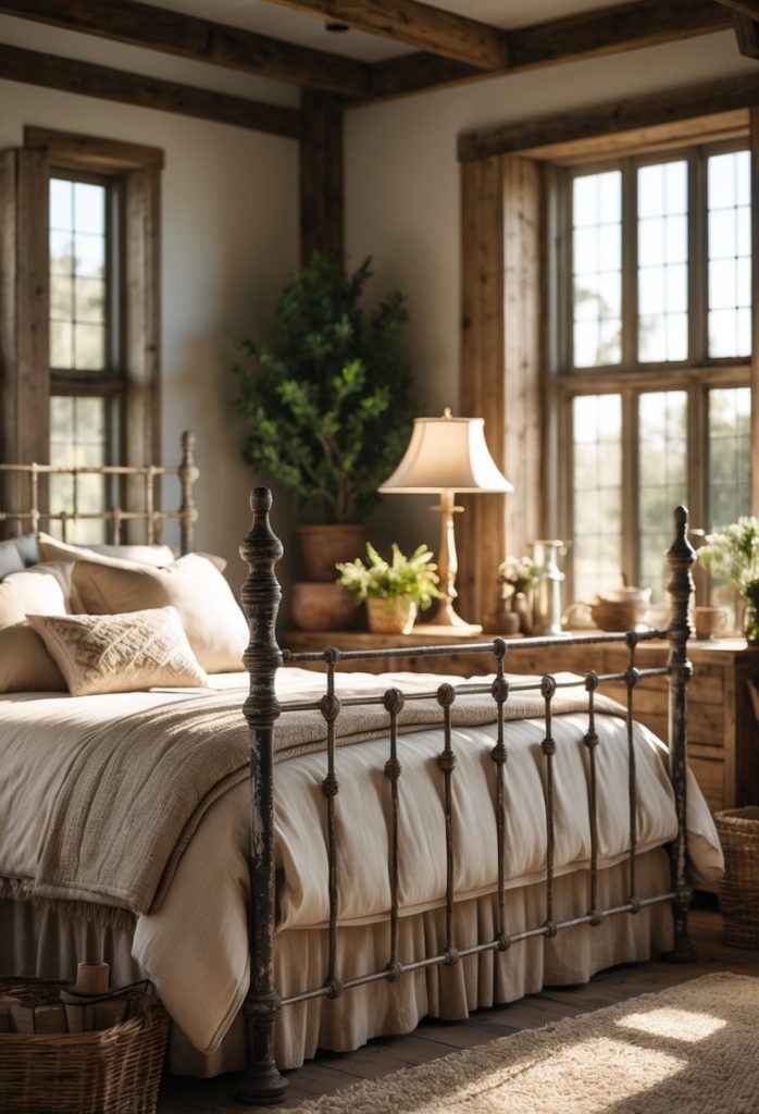 A bedroom with vintage metal bed frames, soft bedding, wooden furniture, and natural light coming through windows.
