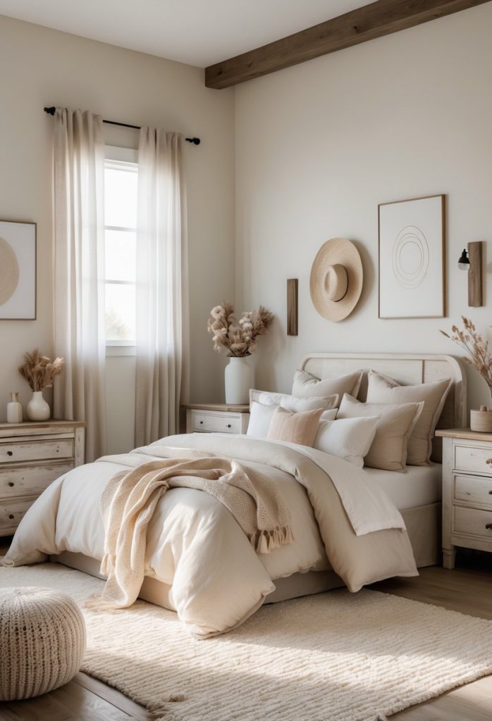 A bedroom with a bed, wooden furniture, and soft natural light in beige and off-white colors.