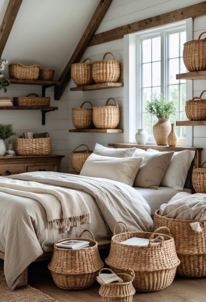 A farmhouse bedroom with woven baskets used for storage placed around the room near a bed and wooden furniture.