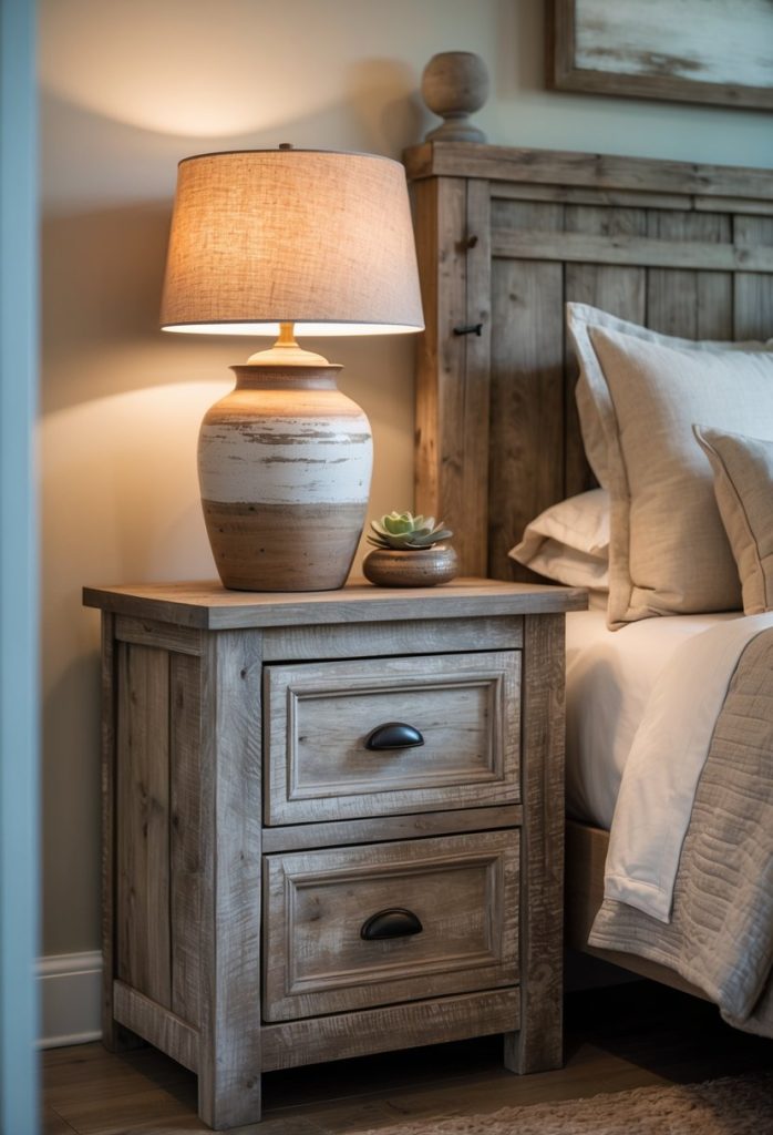 A bedroom with distressed wooden nightstands and ceramic lamps on each side of the bed.