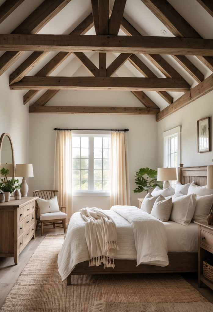 A cozy bedroom with exposed wooden ceiling beams, a large bed, rustic furniture, and soft natural light.