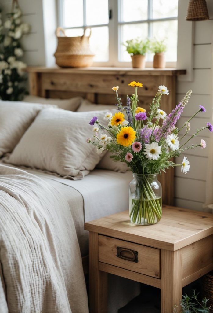 A farmhouse bedroom with a bed and wooden bedside tables, one holding a vase of colorful wildflower bouquets.