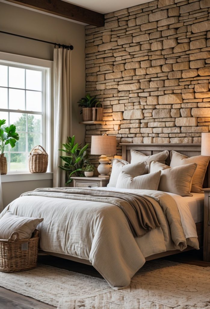 A bedroom with a stone or brick accent wall, a bed with neutral bedding, wooden furniture, and natural light coming through a window.