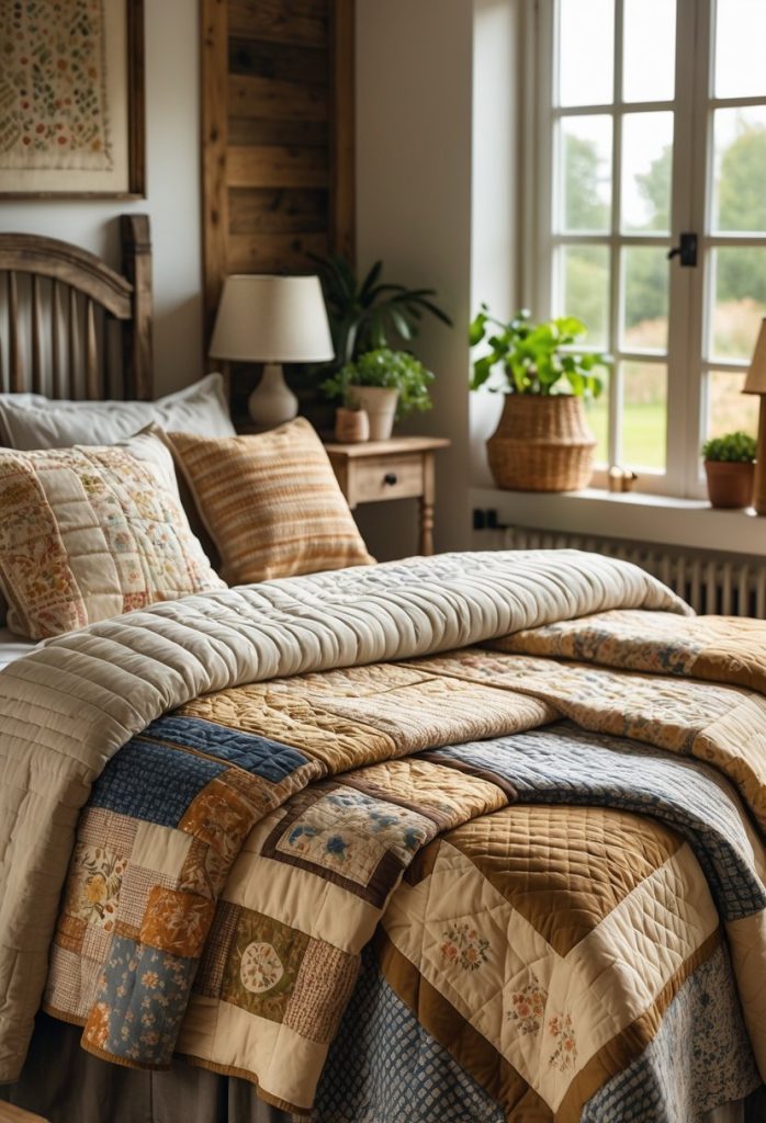 A cozy farmhouse bedroom with a bed covered in multiple patchwork quilts featuring traditional patterns and rustic wooden furniture.