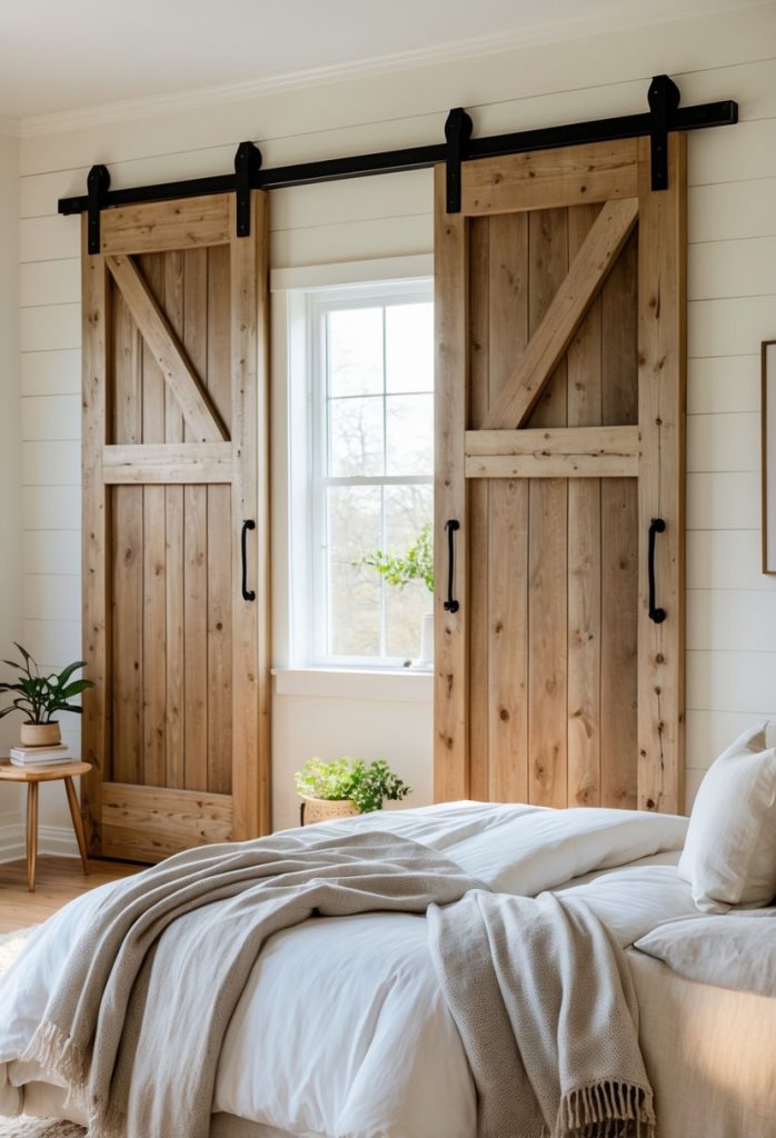 A bright bedroom with large wooden sliding doors, a neatly made bed, and natural light coming through a window.