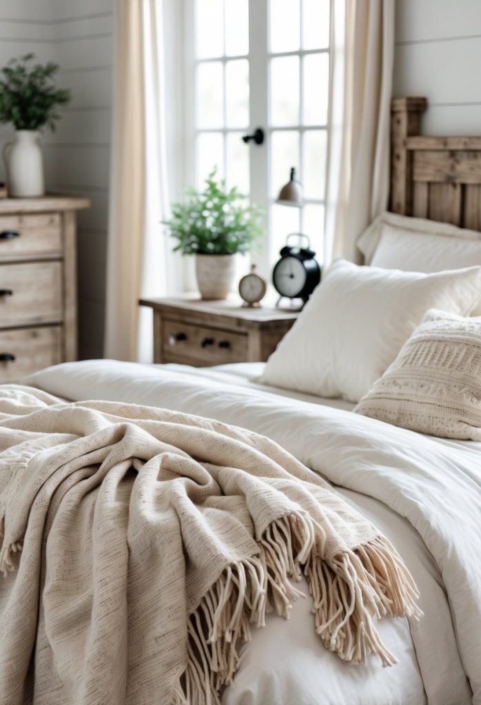 A cozy bedroom with a bed covered in woven throw blankets with fringes and rustic wooden furniture.